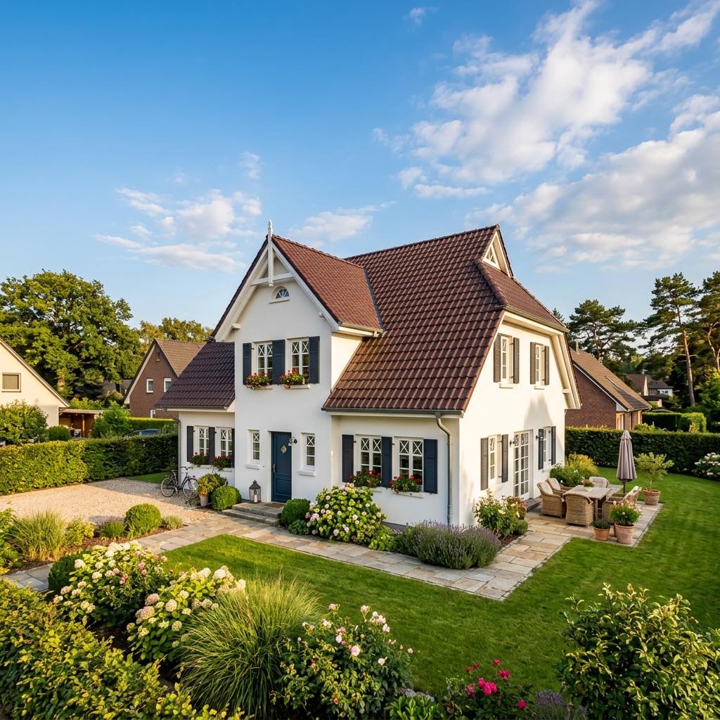 Friesenhaus Wattblick des Herstellers Danhaus Deutschland mit weißer Putzfassade und Sprossenfenstern