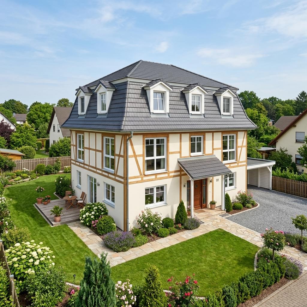 Landhaus Point 146 des Herstellers Danwood — Fertighausmodell mit rund Mansarddach und 146 m²