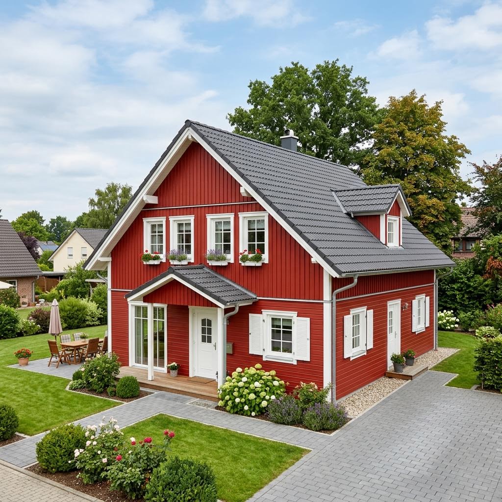 Schwedenhaus Göteborg 152 des Herstellers Danwood — Holzhaus mit roter Fassade, Satteldach und 152 m²