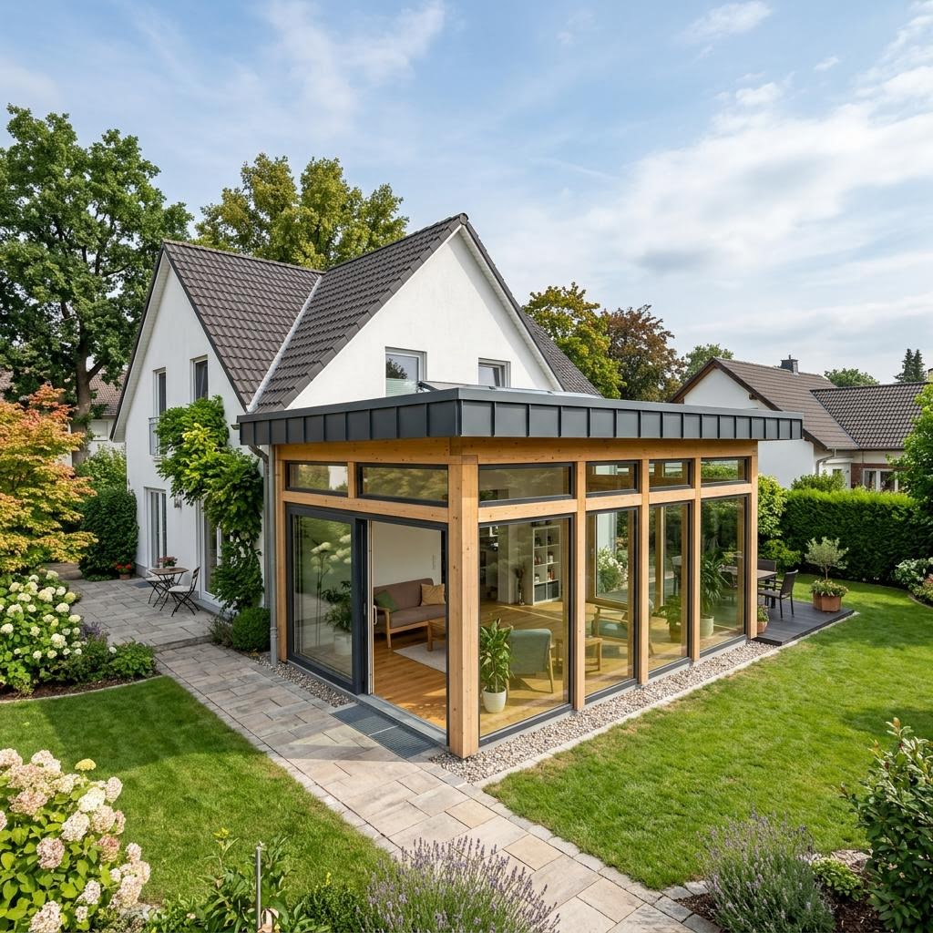 Anbau-Modul Anbau Glasmodul 58 des Herstellers DAVINCI HAUS mit Flachdach — Fertighaus-Glasmodul mit 58 m²