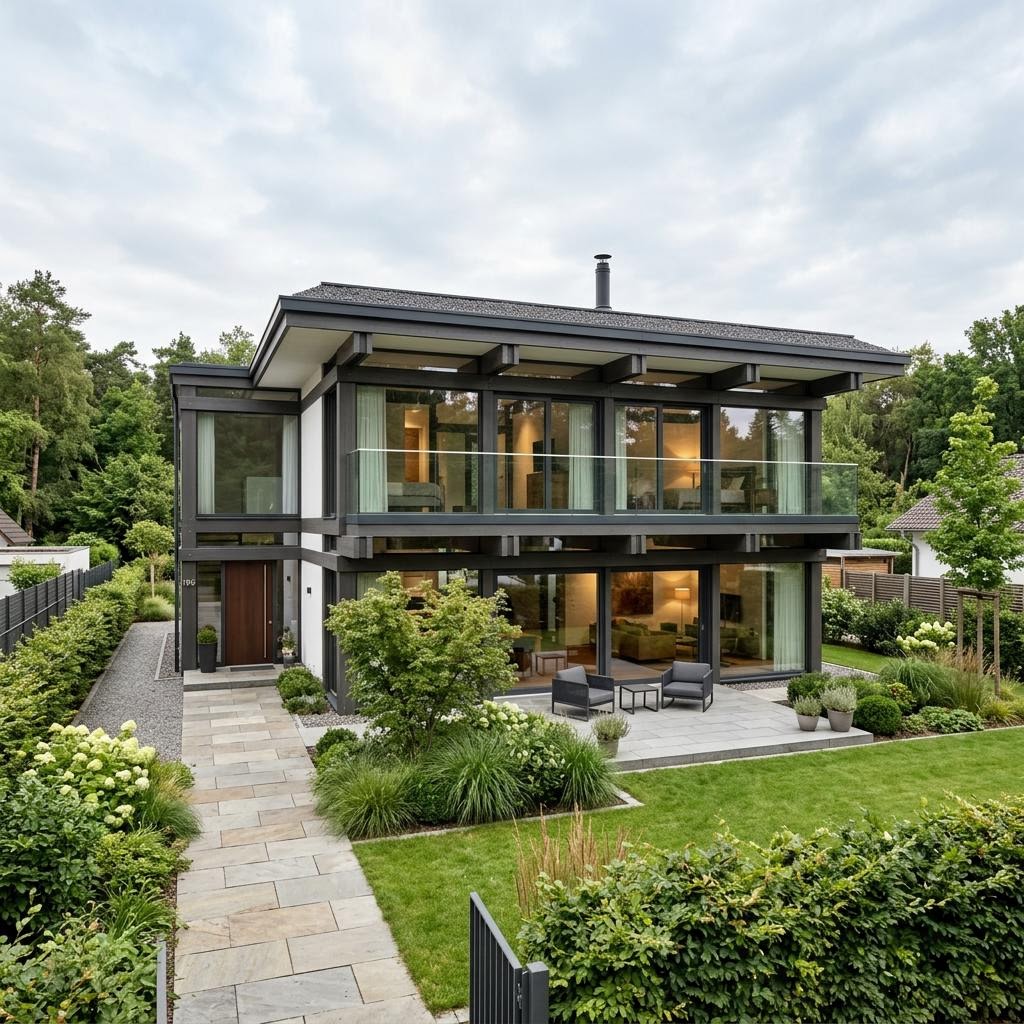 Luxusvilla Atelier Vetro 195 des Herstellers DAVINCI HAUS mit Flachdach und geschosshoher Fensterfront