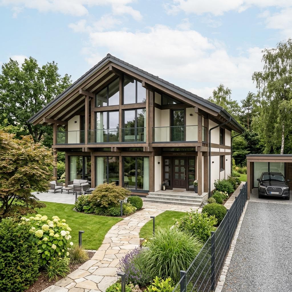 Luxusvilla & Designerhaus Country Living des Herstellers DAVINCI HAUS — Fachwerk-Glas-Konstruktion mit 185 m²