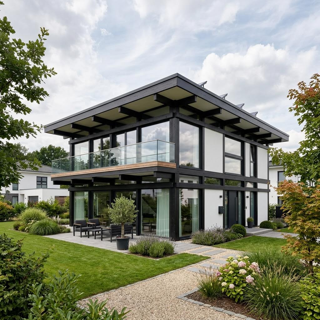 Flachdachhaus Flat Cube 180 des Herstellers DAVINCI HAUS — Fachwerk-Glas-Konstruktion mit 180 m²