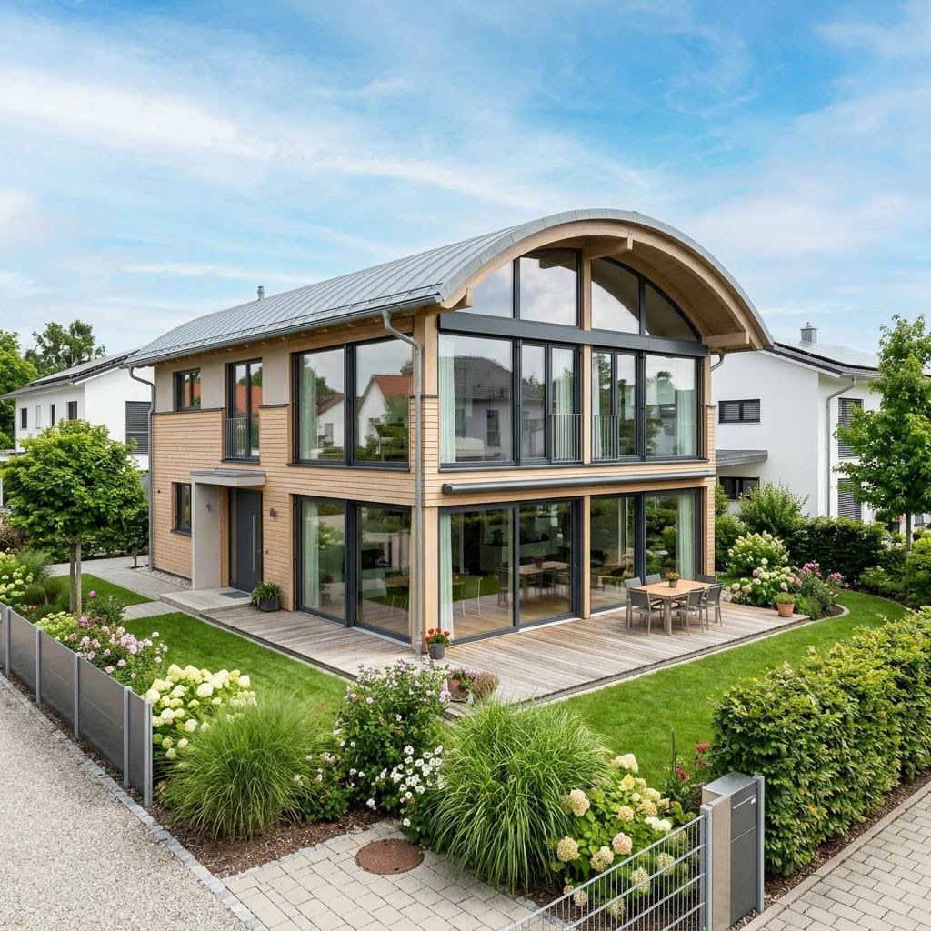 Einfamilienhaus Glashaus Tonne 172 des Herstellers Baufritz mit Tonnendach — 172 m²