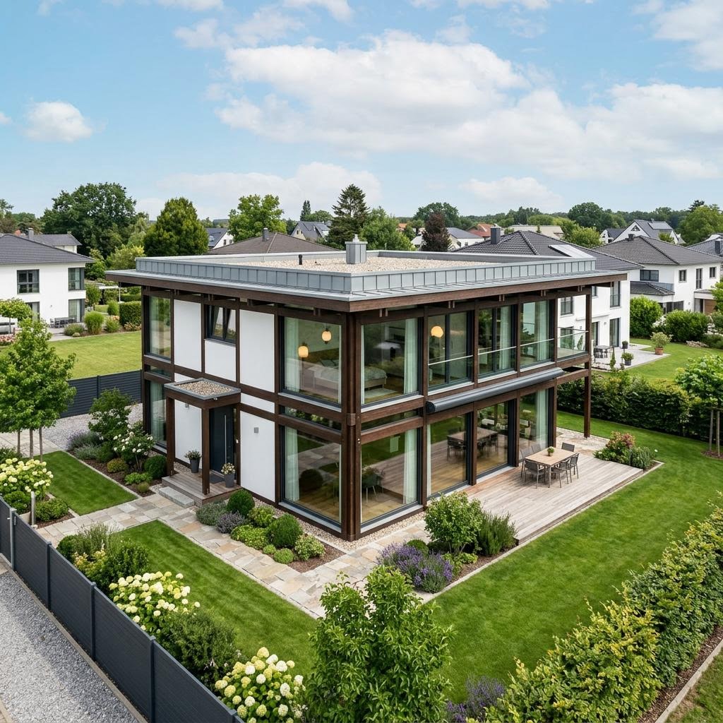 Kubushaus Glaskubus 186 des Herstellers DAVINCI HAUS mit Flachdach — kubisches Glas-Fachwerkhaus im Bauhausstil mit 186 m²