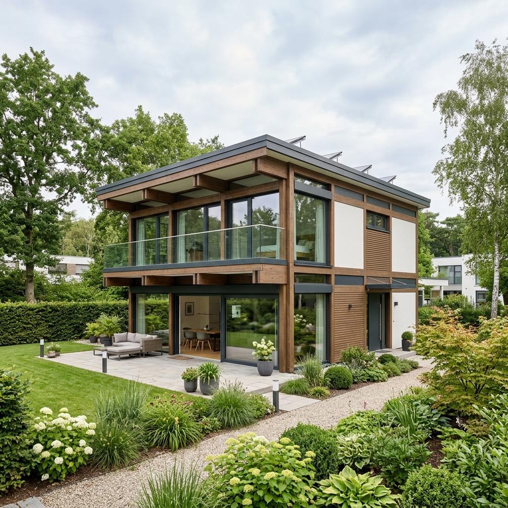 Kubushaus Quadra Sole 158 des Herstellers DAVINCI HAUS mit Flachdach und Fachwerk-Glas-Fassade