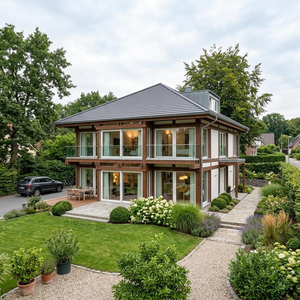 Stadtvilla Villa Cortina 185 des Herstellers DAVINCI HAUS mit gläserner Wohnhalle und Fachwerk