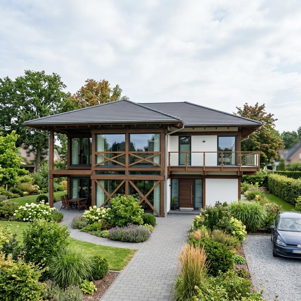 Stadtvilla Villa Sereno 165 des Herstellers DAVINCI HAUS mit Fachwerk-Glas-Fassade und Walmdach