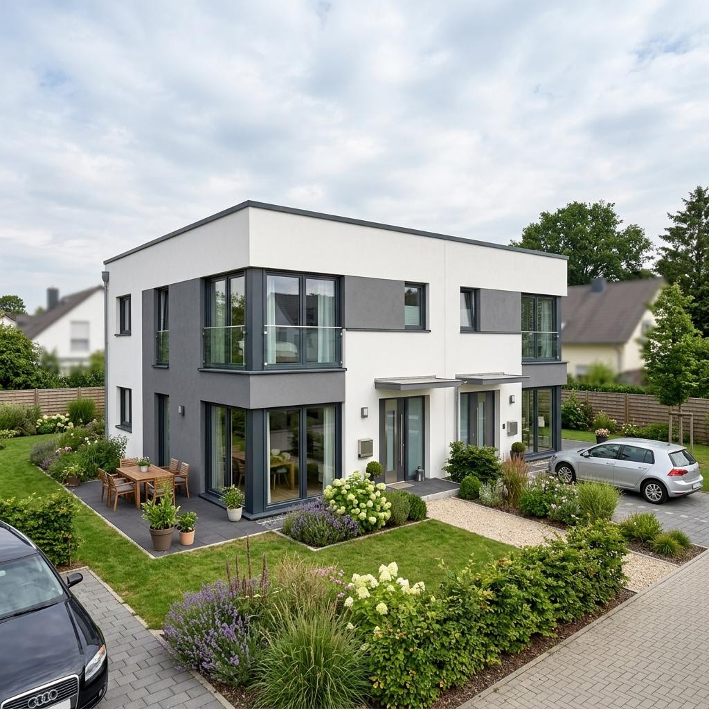 Flachdachhaus Cube 132 Doppelhaus des Herstellers Deutsche Neubau mit Flachdach — massiv gebautes Doppelhaus mit 132 m² je Hälfte