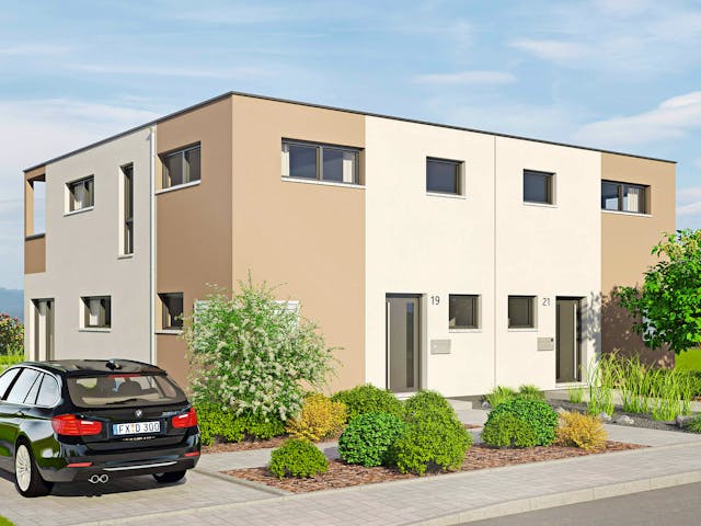 Doppelhaushälfte Duett 129 des Herstellers Fingerhut Haus — Fertighausmodell mit rund 119 m² für schlanke Grundstücke