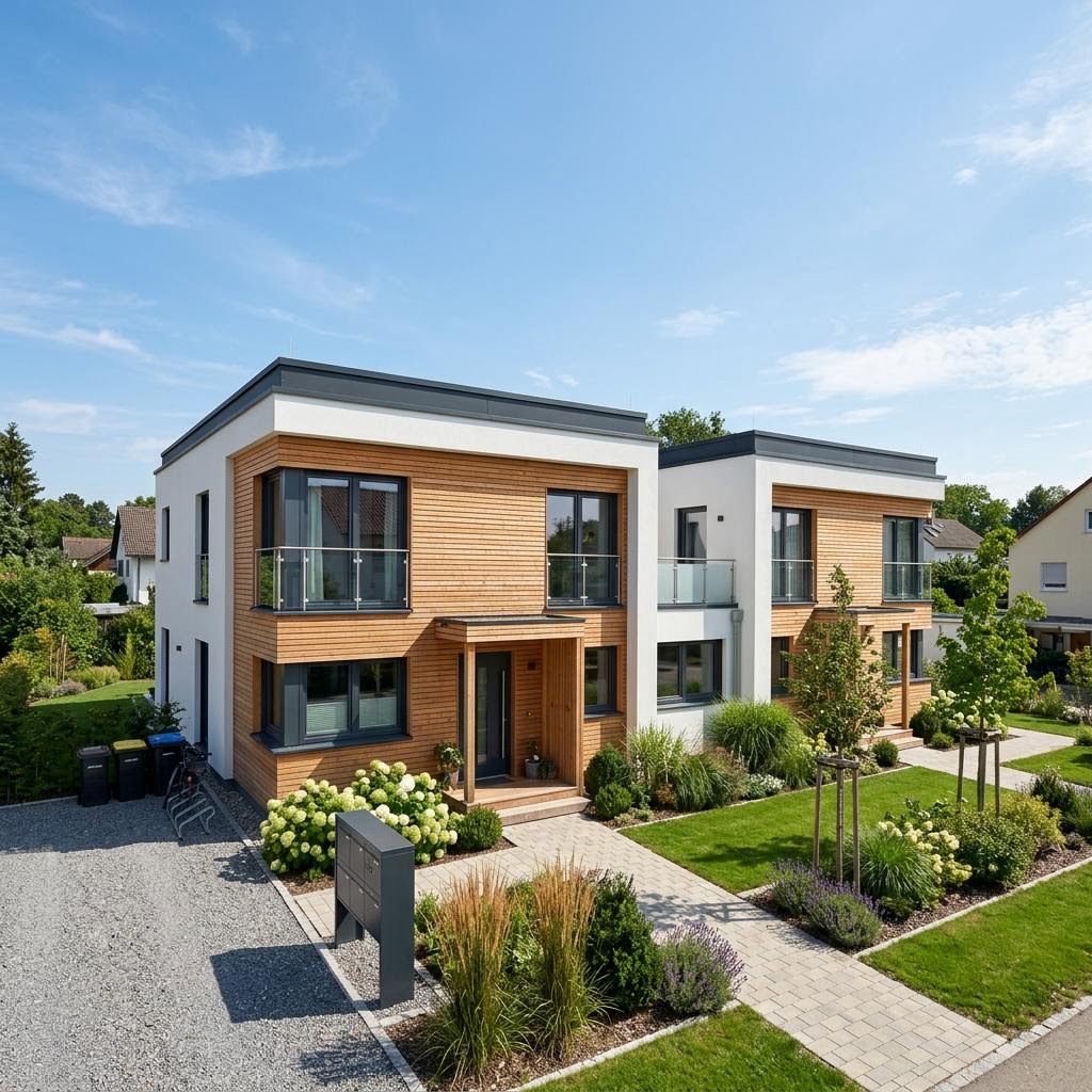 Mehrfamilienhaus im Doppelpack des Herstellers SchwörerHaus mit Flachdach — Kubushäuser im Bauhausstil mit 461 m²