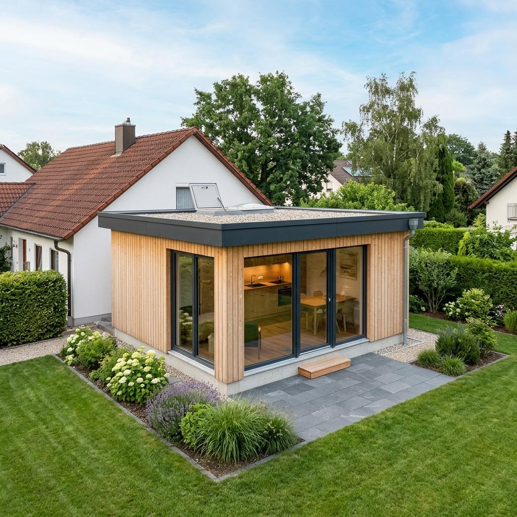 Anbau-Modul Anbau Modul 36 des Herstellers Dwellii House mit Flachdach — Fertighaus-Wohnmodul mit 36 m²