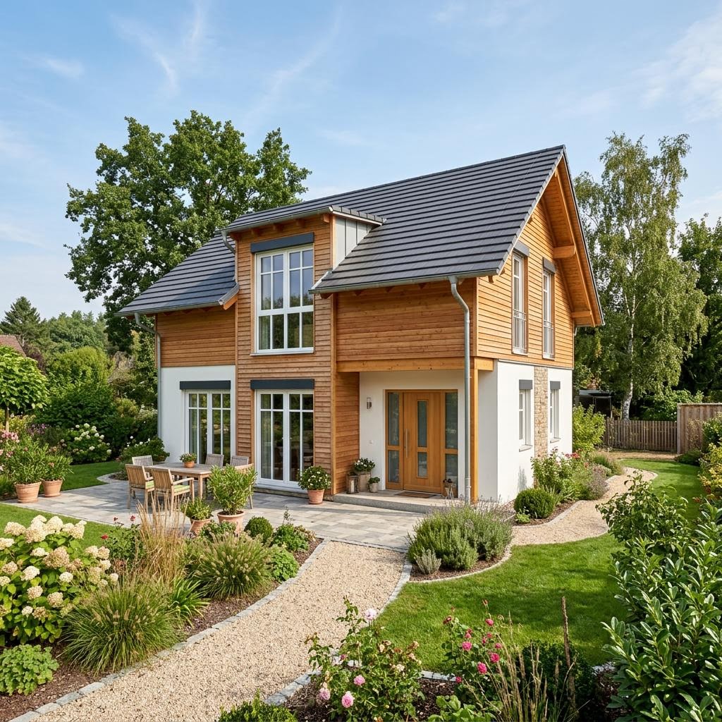Landhaus Point 116 des Herstellers Danwood mit Satteldach — platzsparendes Fertighaus mit 116 m² Wohnfläche