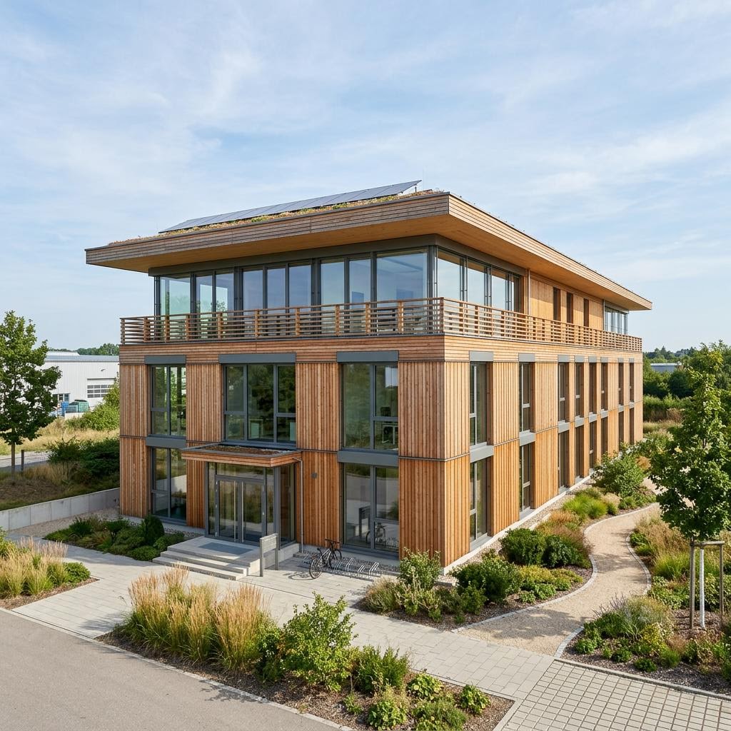 Gewerbe Büroneubau des Herstellers Regnauer Hausbau mit Flachdach — Gewerbebau in Holzbauweise