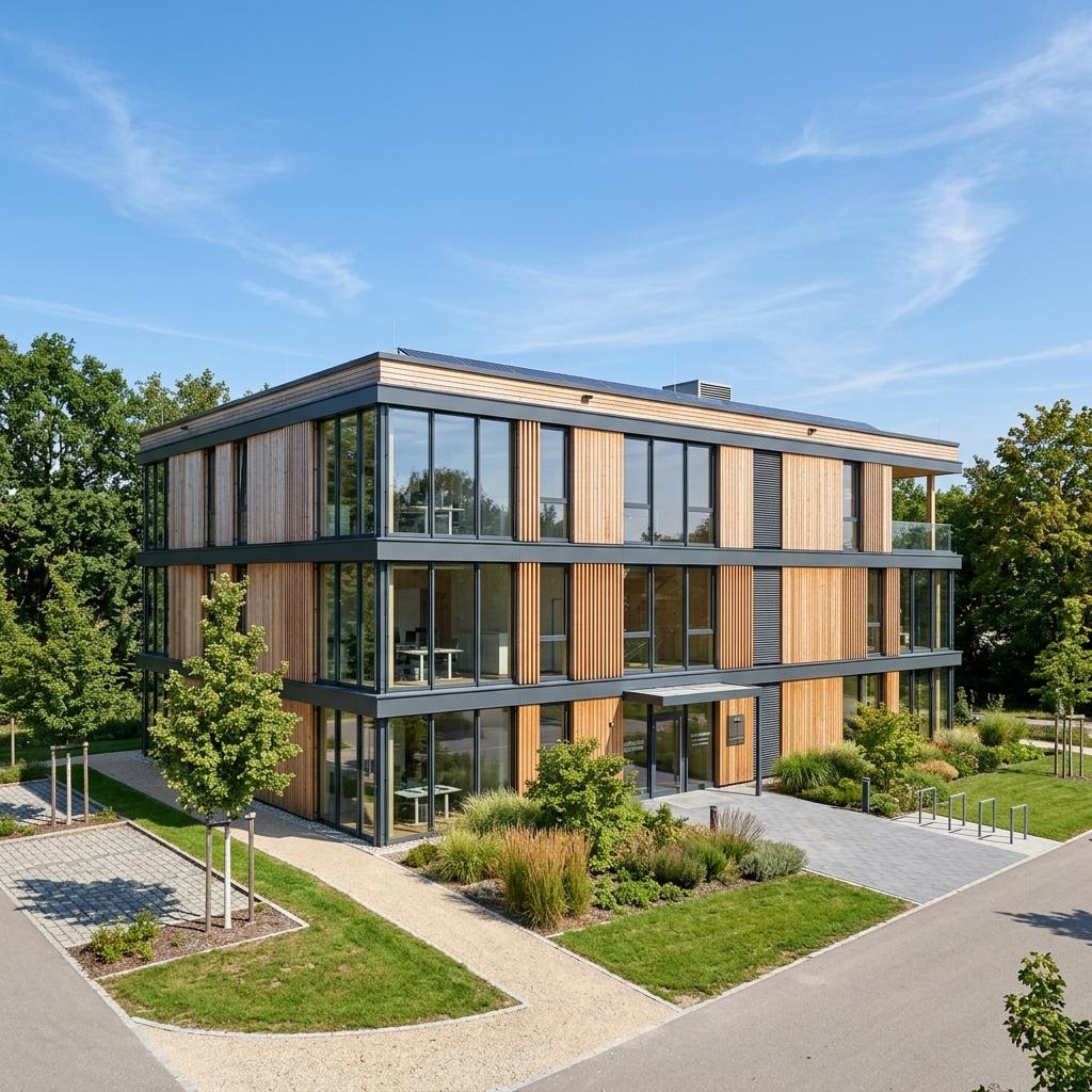 Gewerbe Bürogebäude des Herstellers SchwörerHaus mit Flachdach — mehrgeschossiger Objektbau in Holzfertigbauweise