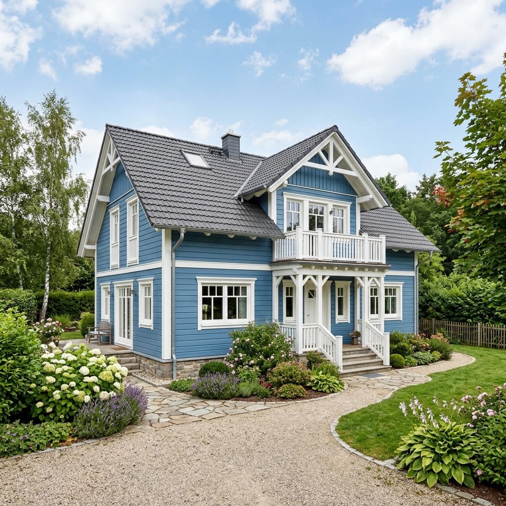 Amerikanisches Haus Arve des Herstellers Stommel Haus mit blau-weißer Fassade — Massivholzhaus mit 151 m²