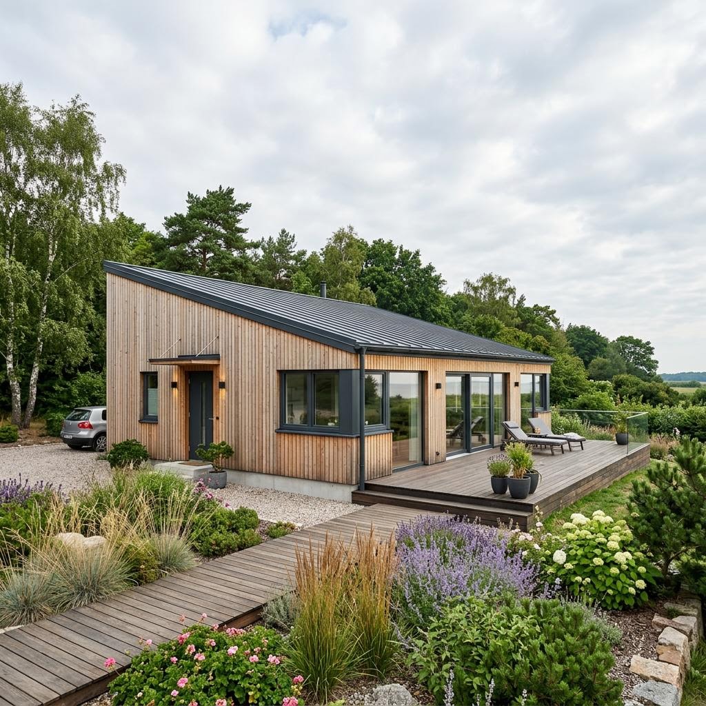 Ferienhaus Havsbryn 88 des Herstellers Eksjöhus mit hellem Pultdach und Panoramaverglasung