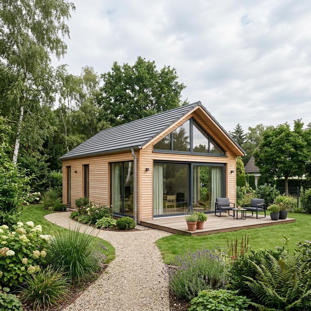 Ferienhaus Kalmar 66 des Herstellers Eksjöhus als ebenerdiges Schwedenhaus mit überdachter Veranda
