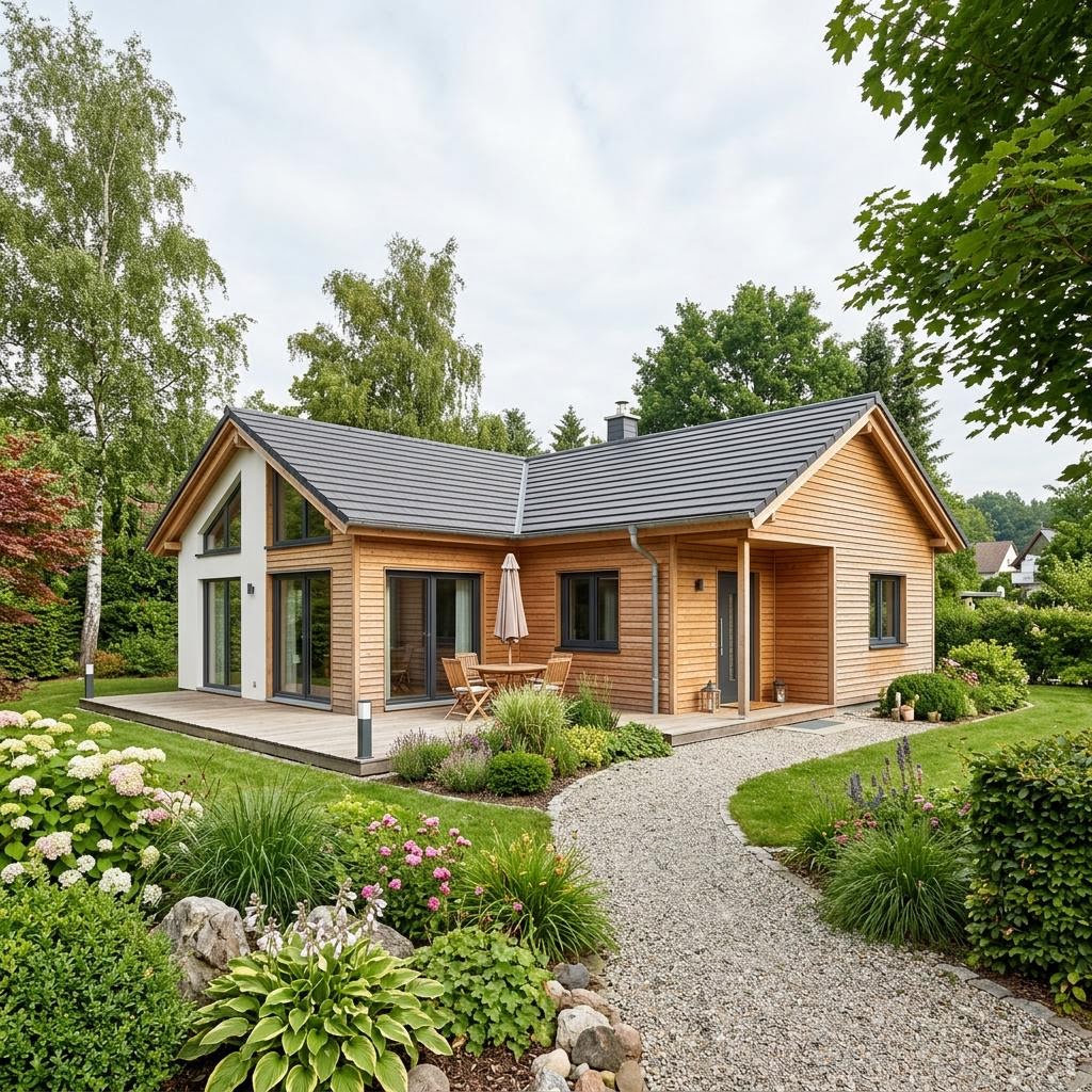 Ferienhaus Lindby 72 des Herstellers Eksjöhus als rotes Schwedenhaus mit weißen Fensterrahmen