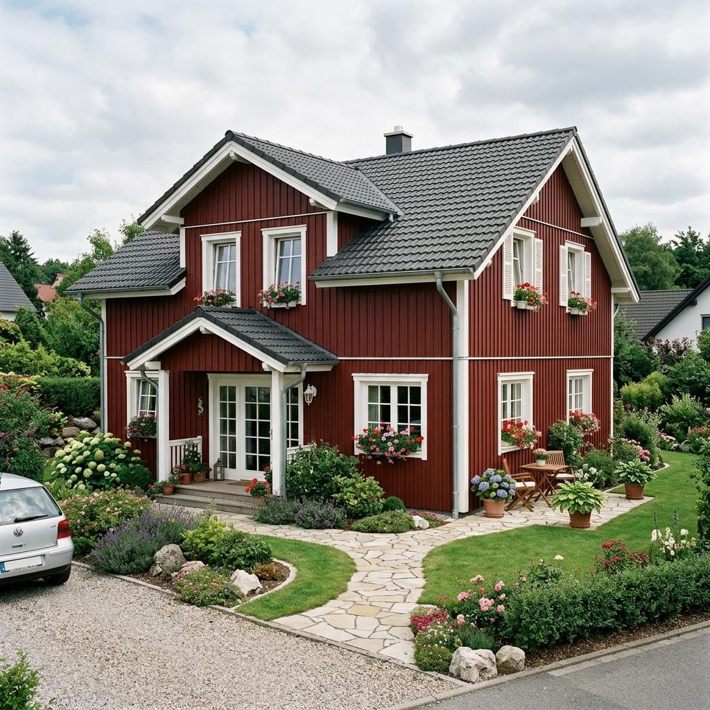 Schwedenhaus Björk 160 des Herstellers Eksjöhus mit Holzfassade, Sprossenfenstern und Veranda