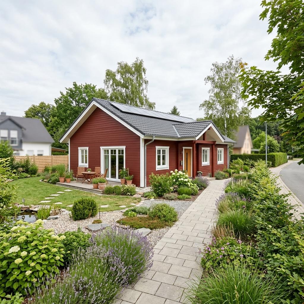 Schwedenhaus Linnéa 128 des Herstellers Eksjöhus mit roter Holzfassade und weißen Sprossenfenstern