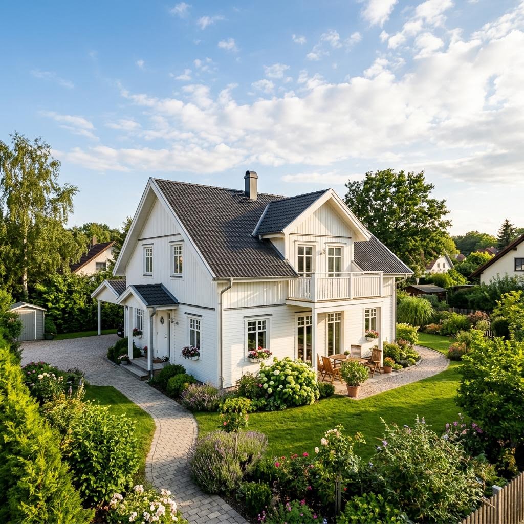Helles Schwedenhaus Östersund 152 des Herstellers eksjoehus mit Holzfassade und Satteldach