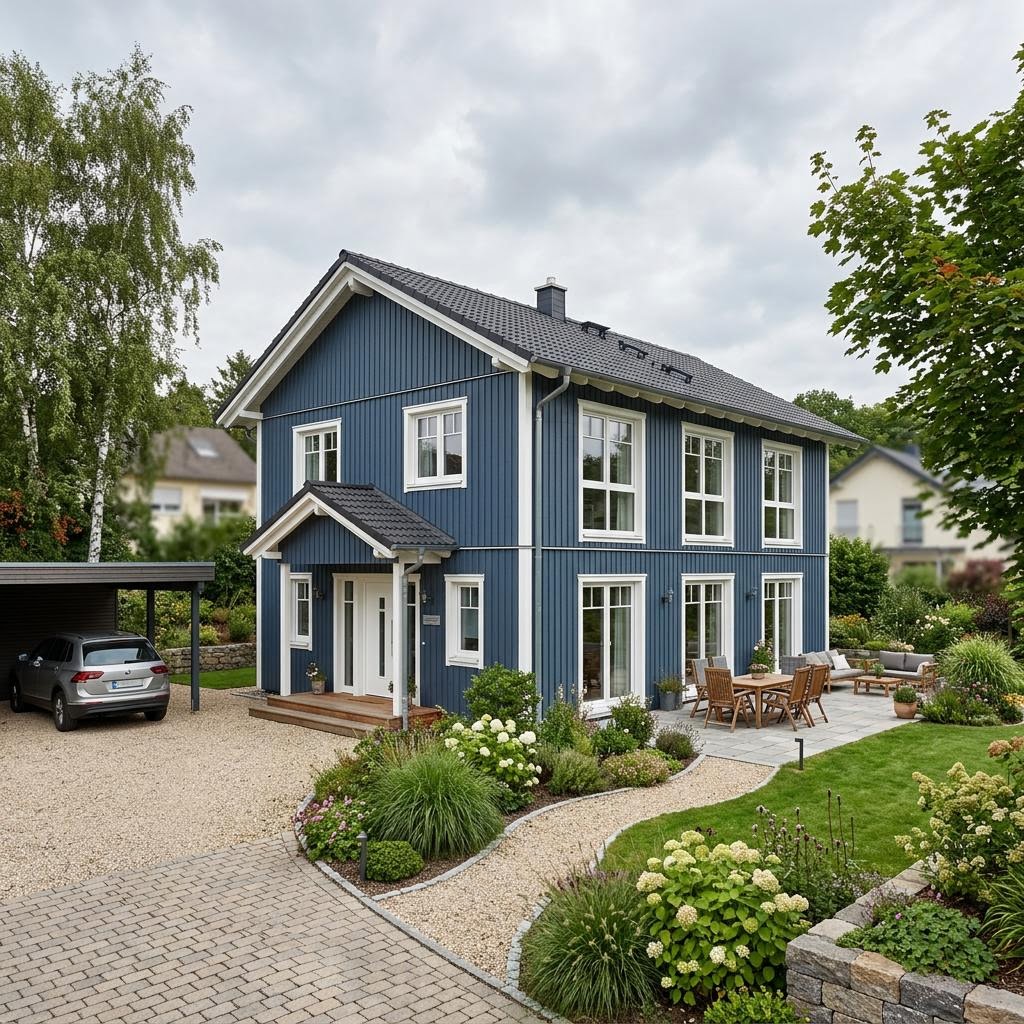 Schwedenhaus Stjärna 144 des Herstellers Eksjöhus mit Holzfassade, Sprossenfenstern und Balkon