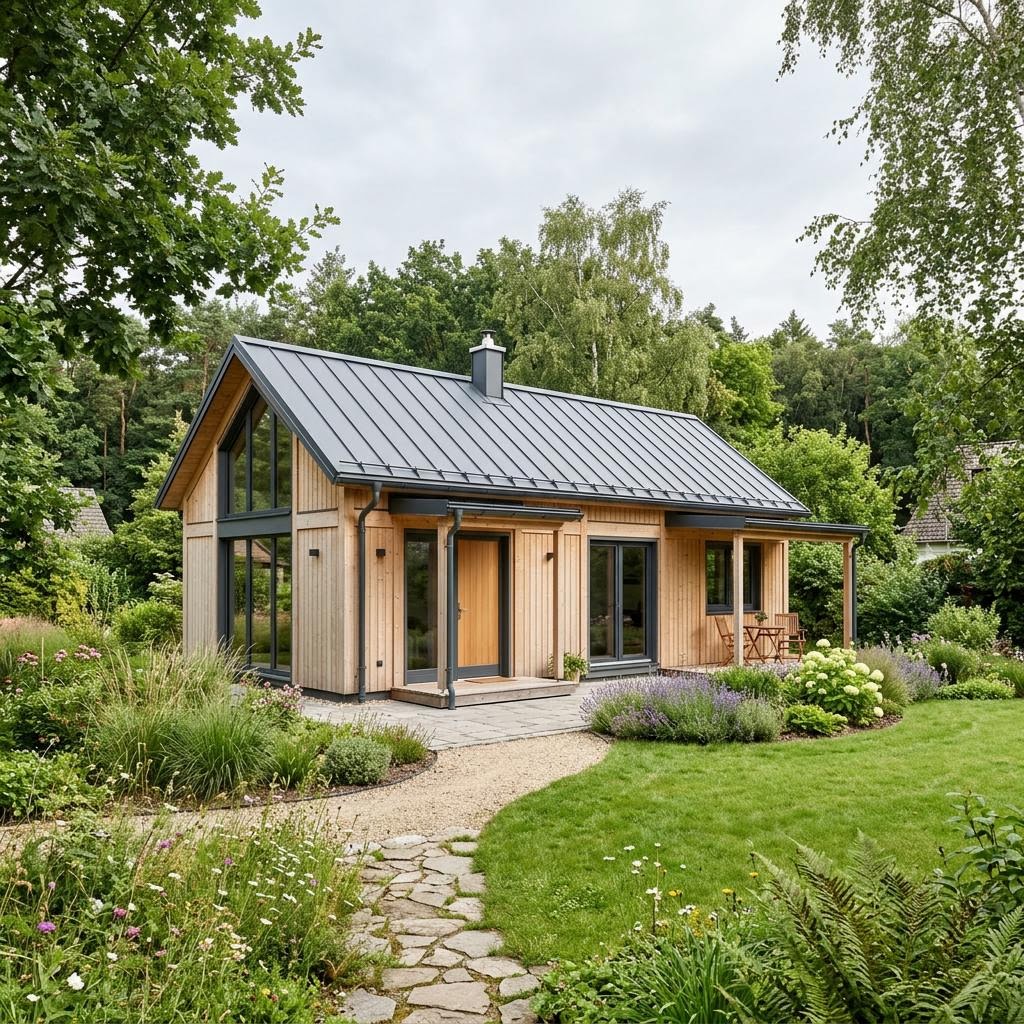 Ferienhaus Solvik 58 des Herstellers Eksjöhus mit heller Holzfassade und überdachter Veranda