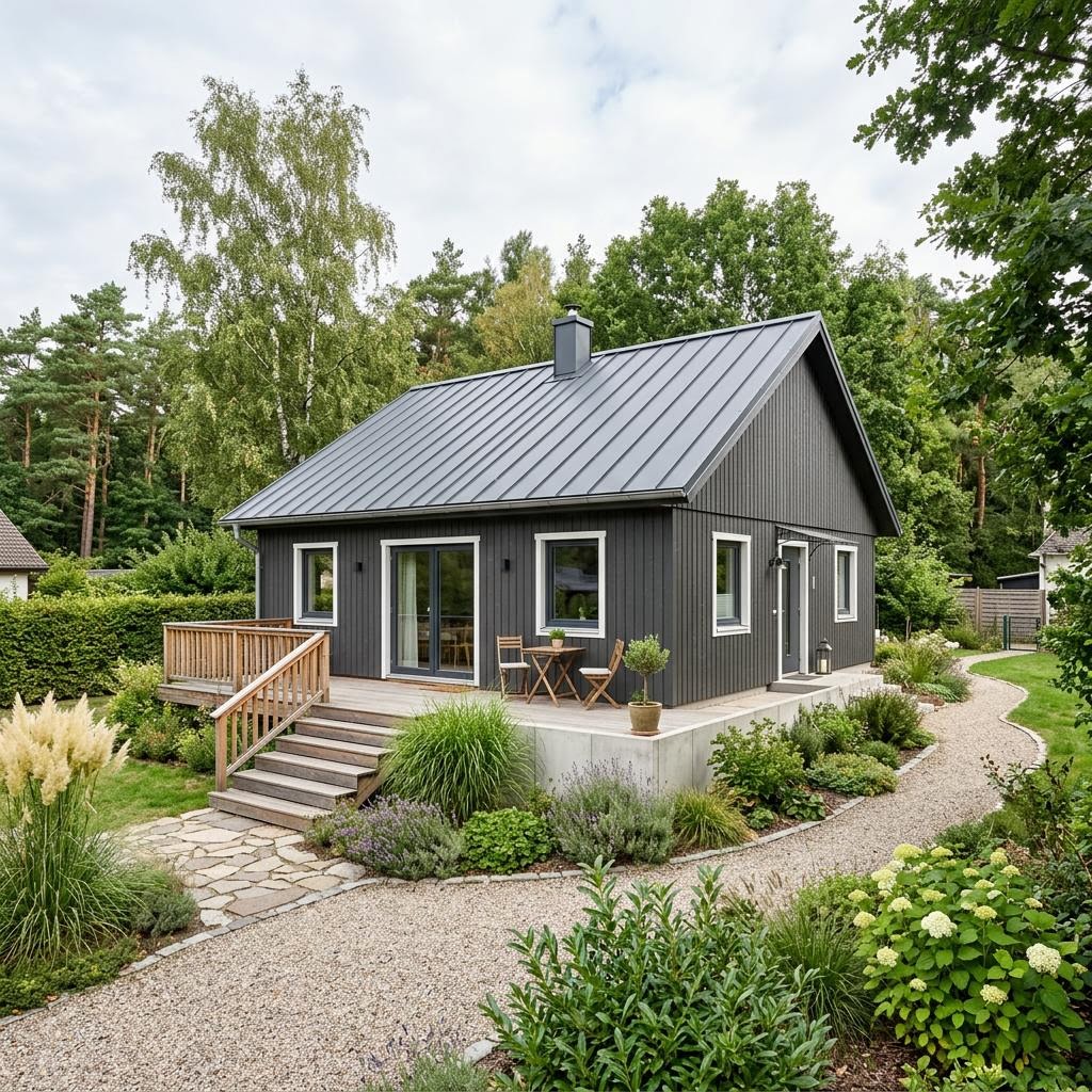 Ferienhaus Torpet 44 des Herstellers Eksjöhus als platzsparendes Schwedentorp mit Satteldach