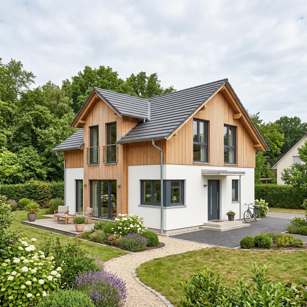 Ferienhaus Varberg 104 des Herstellers Eksjöhus als zweigeschossiges rotes Schwedenhaus mit Satteldach