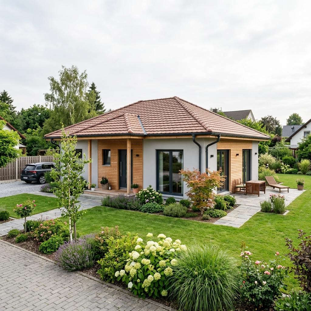 Bungalow Alpin 112 des Herstellers ELK Haus mit Walmdach — Holzfertigbau-Bungalow mit 112 m²