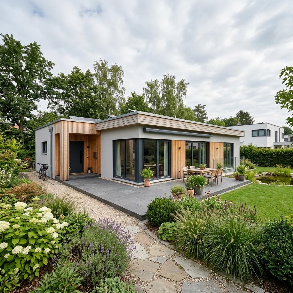 Bungalow Terra 135 des Herstellers ELK Haus mit Flachdach — moderner Holzfertigbau-Bungalow mit 135 m²