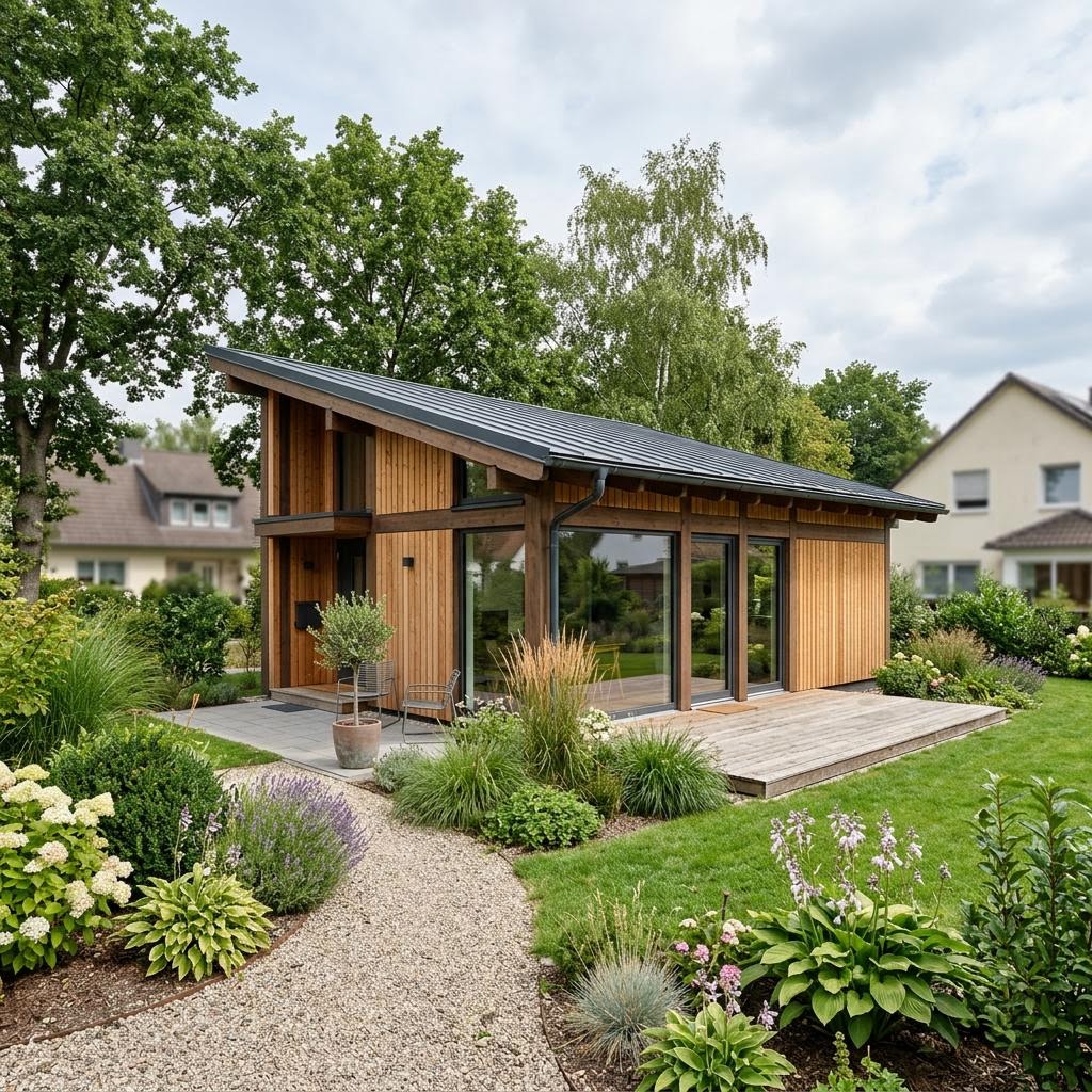 Singlehaus Mini 70 des Herstellers ELK Haus mit Pultdach — ebenerdiges Fertighaus mit 70 m²