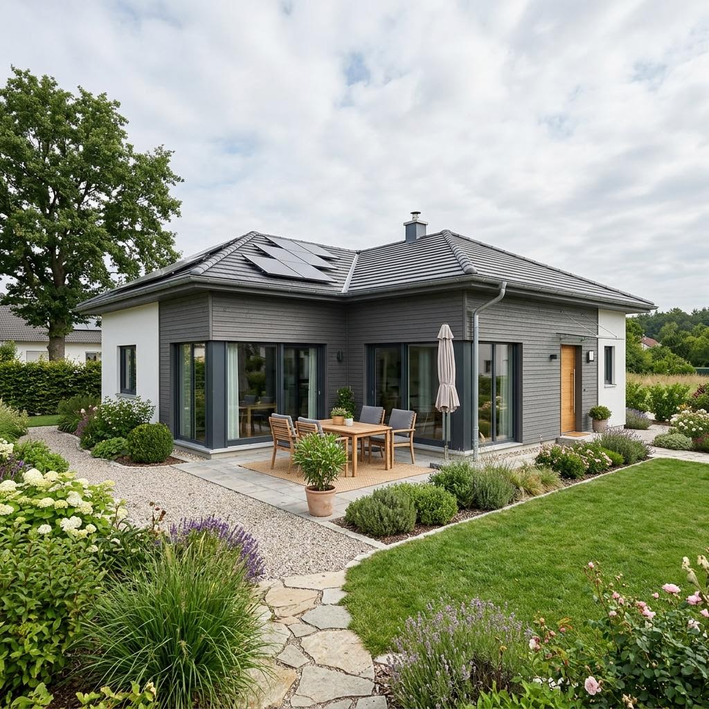 Winkelbungalow Alpenwinkel 134 des Herstellers ELK Haus mit Walmdach — Holz-Winkelbungalow mit 134 m²