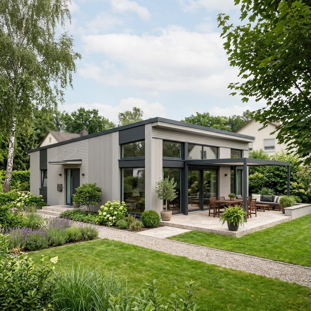 Winkelbungalow Gartenwinkel 128 des Herstellers ELK Haus mit Flachdach — Holz-Winkelbungalow mit 128 m²