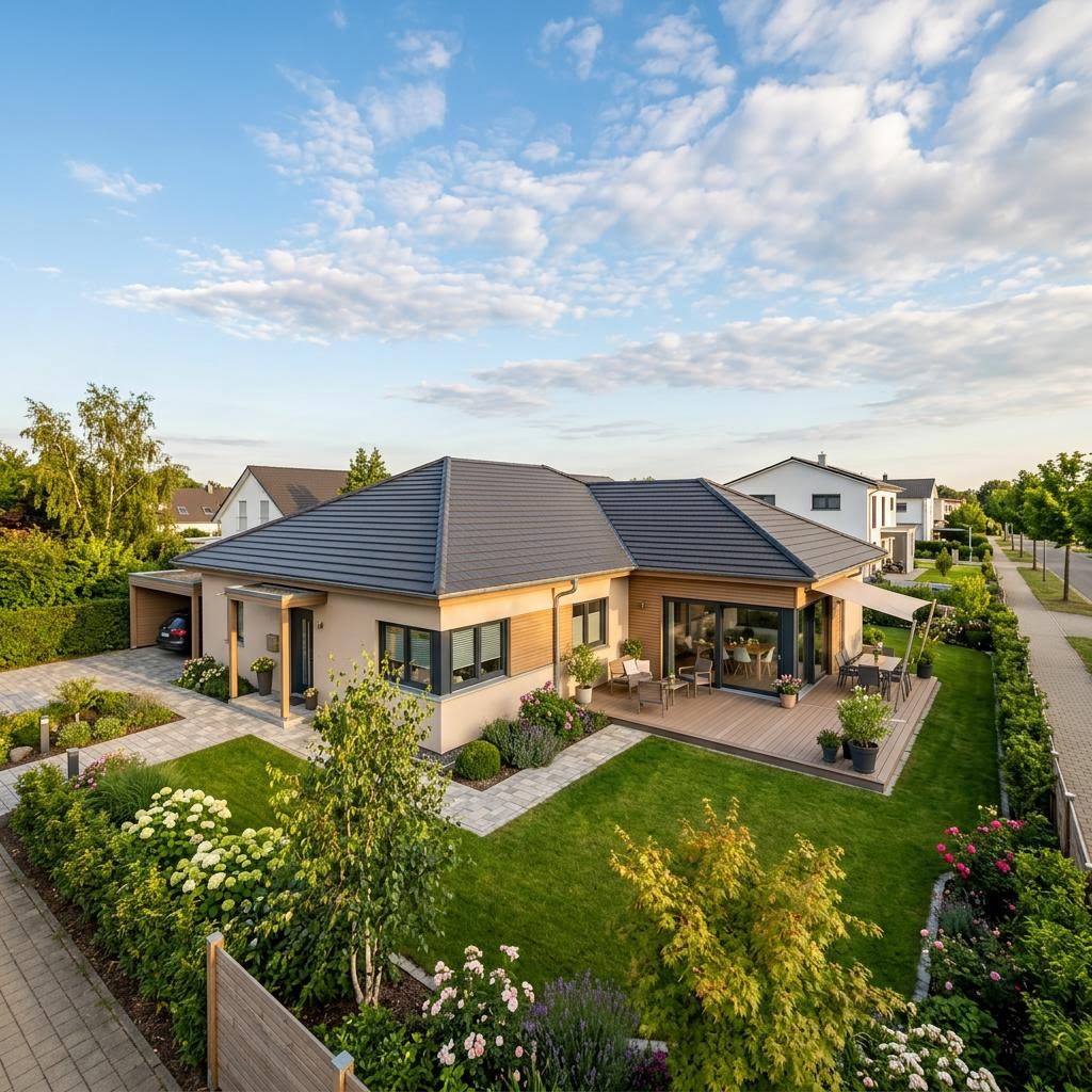 Winkelbungalow Terrawinkel 138 des Herstellers elk-haus in Holzbauweise mit Walmdach