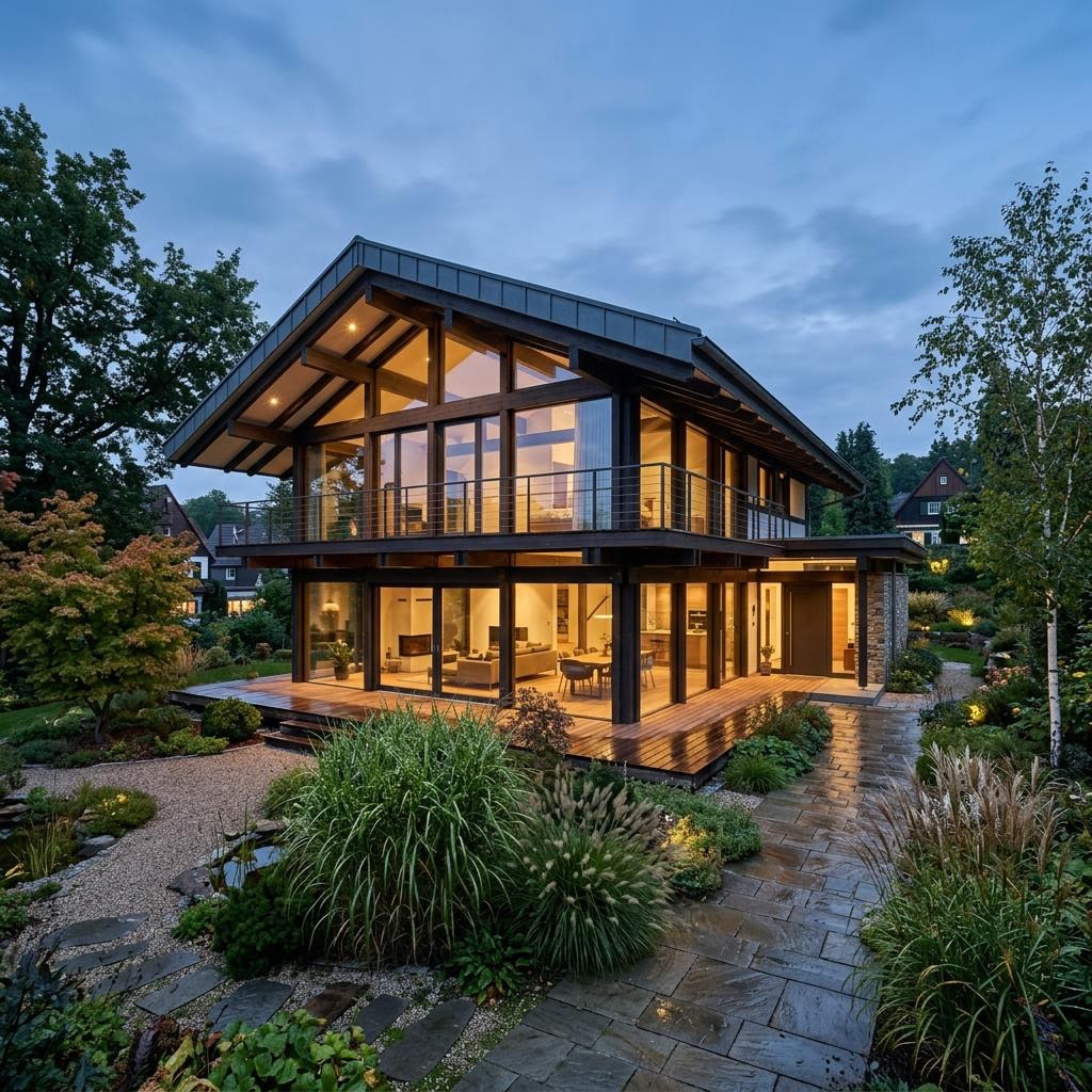 Modernes Fachwerkhaus ART 4 des Herstellers HUF HAUS — Holzskelettbau mit Glasfassade und 197 m²