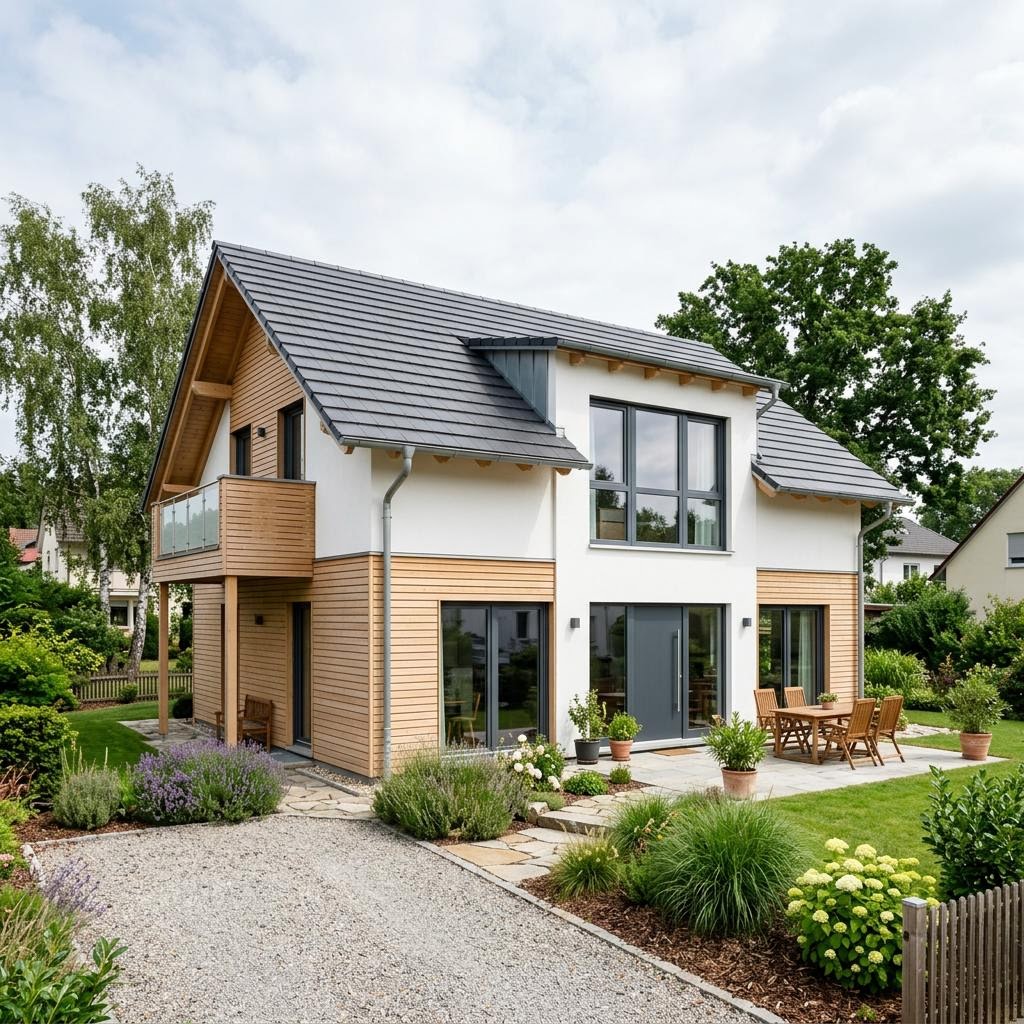 Ausbauhaus AL 112 Platzsparend des Herstellers Fertighaus WEISS mit Satteldach — platzsparendes Fertighaus mit 112 m²