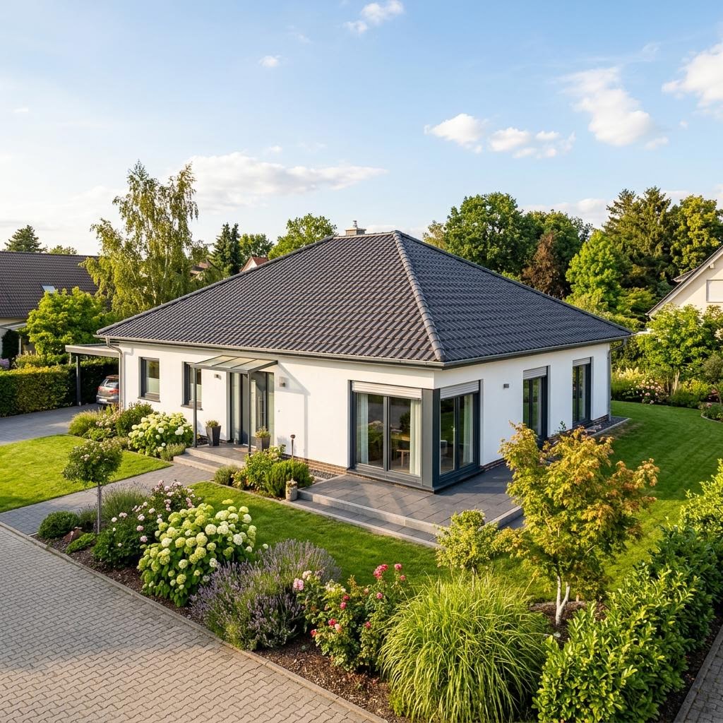 Massiver Bungalow Komfort 109 des Herstellers FIBAV Massivhaus mit Walmdach