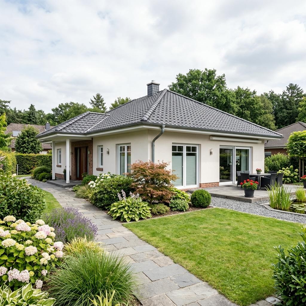 Landhaus-Bungalow 118 des Herstellers FIBAV Massivhaus mit Krüppelwalmdach — massiv errichteter Bungalow im Landhausstil mit 118 m²