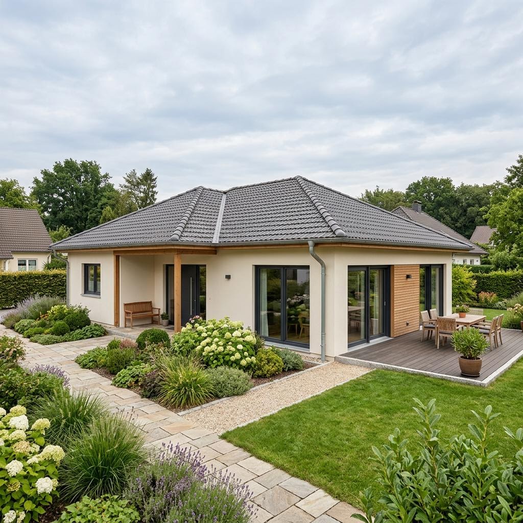 Bungalow Massiv-Bungalow 104 des Herstellers FIBAV Massivhaus mit Walmdach — massiv gebautes Ziegelhaus mit 104 m²