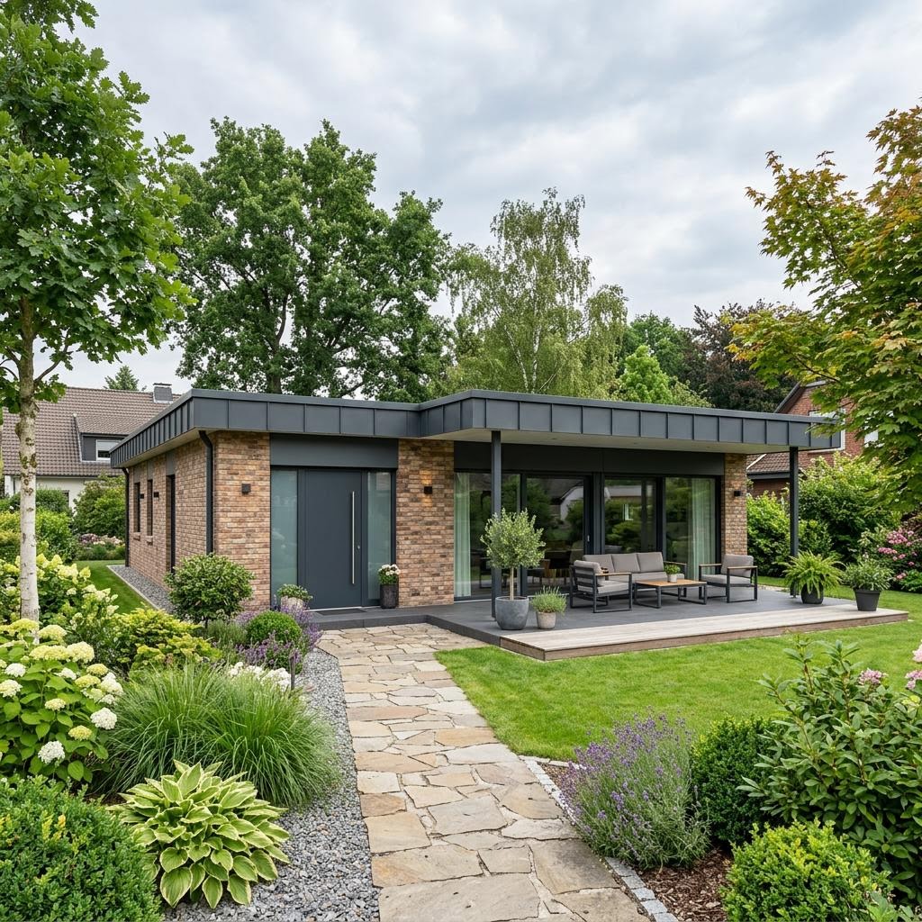 Bungalow Panorama 131 des Herstellers FIBAV Massivhaus mit Flachdach — moderner Ziegel-Bungalow mit 131 m²