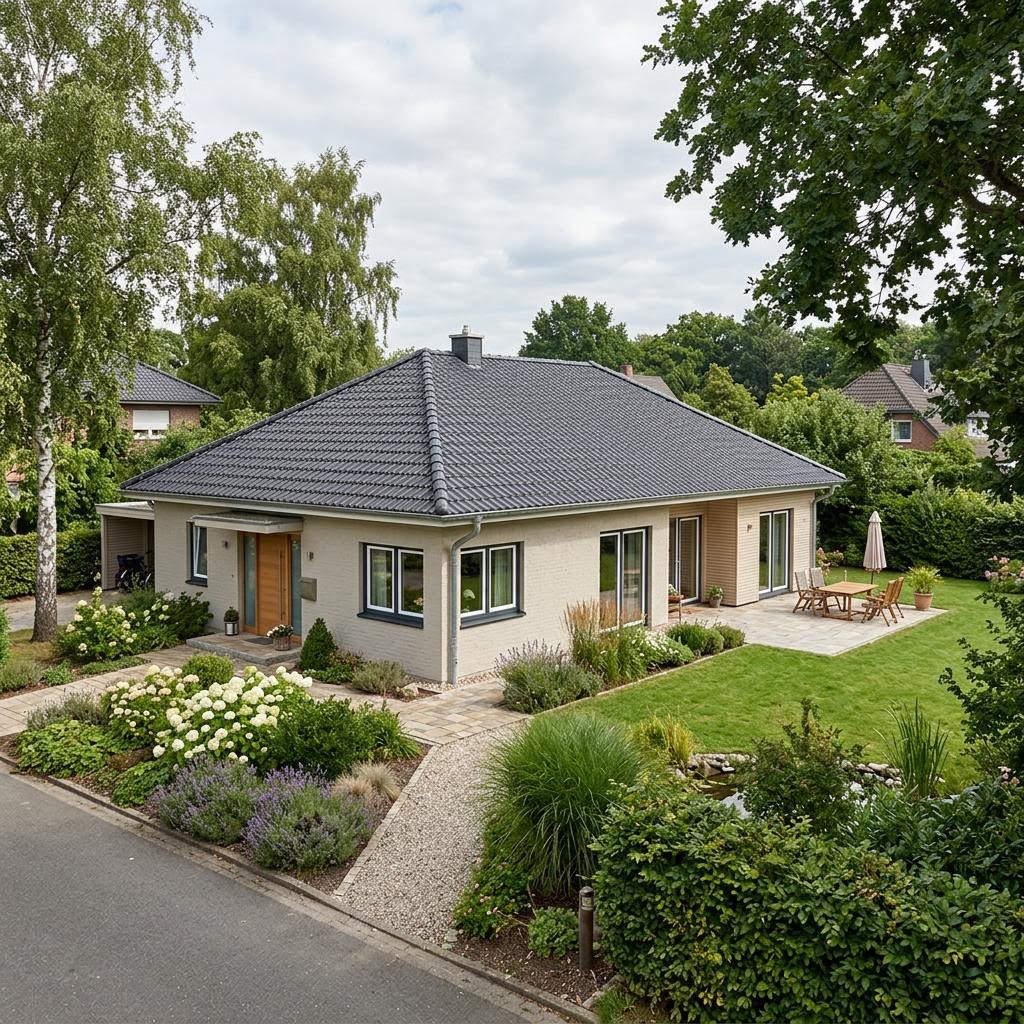 Land-Winkelbungalow 134 des Herstellers FIBAV Massivhaus mit Krüppelwalmdach — massiv errichteter Winkelbungalow im Landhausstil mit 134 m²