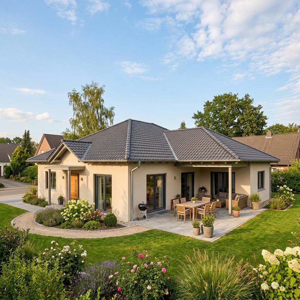 Massiver Winkelbungalow Massivwinkel 135 des Herstellers fibav mit Walmdach und geschützter Terrasse