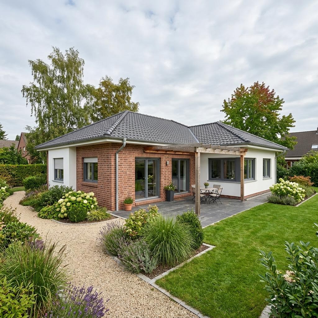 Massiv-Winkelbungalow 142 des Herstellers FIBAV Massivhaus mit Walmdach — großer Winkelbungalow mit 142 m²