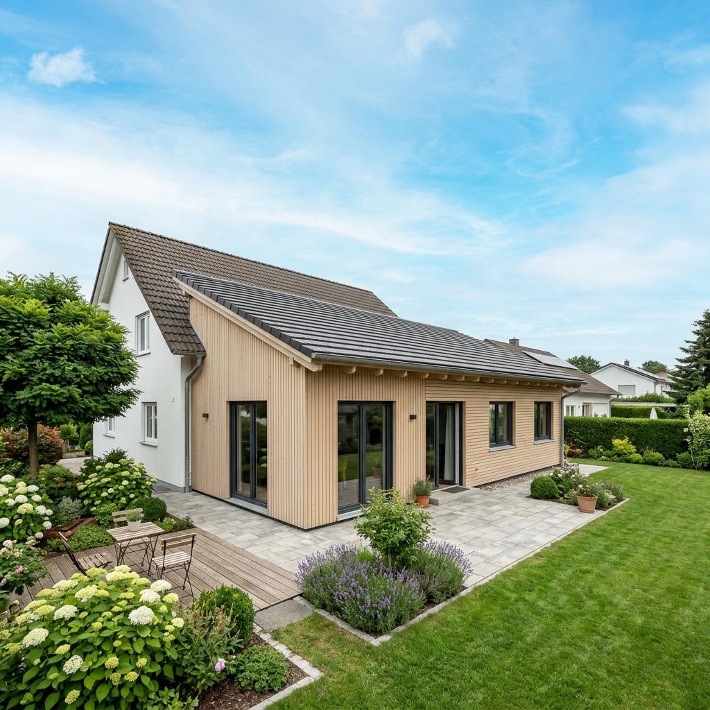 Anbau-Modul Anbau Modul 64 des Herstellers FingerHaus mit Schleppdach — Fertighaus-Wohnmodul mit 64 m²