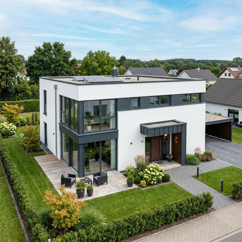 Kubushaus Medley 156 des Herstellers FingerHaus mit Flachdach — kubisches Fertighaus im Bauhausstil mit 156 m²