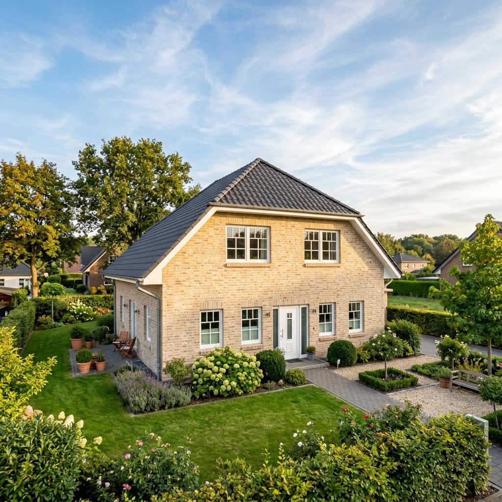 Landhaus Landhaus Marschgut des Herstellers FingerHaus mit hellem Klinker und Sprossenfenstern