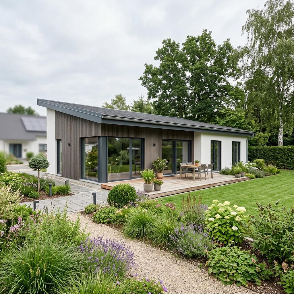 Pultdach-Bungalow PultWeit Bungalow 126 des Herstellers FingerHaus mit durchgehendem Solardach