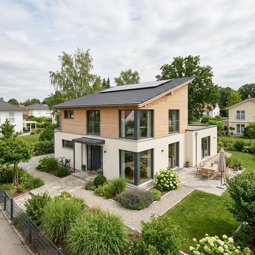 Pultdachhaus PultWerk 142 des Herstellers FingerHaus mit südorientierter Photovoltaik-Dachfläche